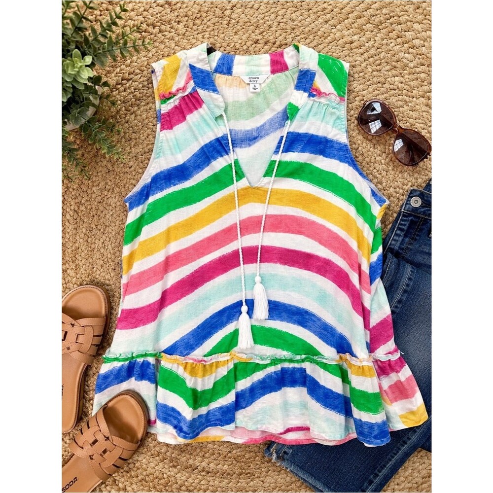 Crown & Ivy Rainbow Stripe Linen Blend Boho Tank Small
